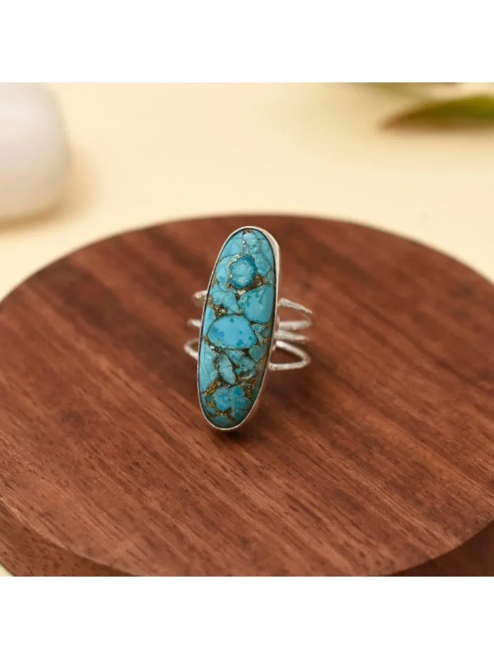 Handmade 925 Sterling Silver Long Oval Turquoise Statement Ring for Women
